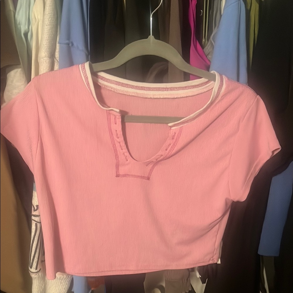 SHEIN Pink Crop Polo T-Shirt with Cut Out